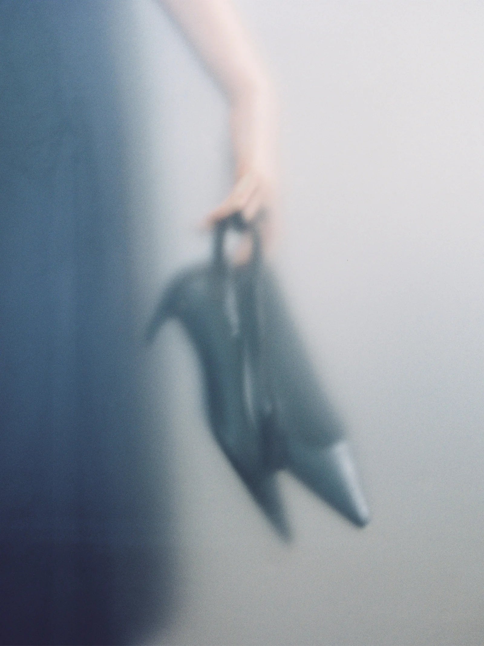 A hand holding a black Colet shoe in soft focus